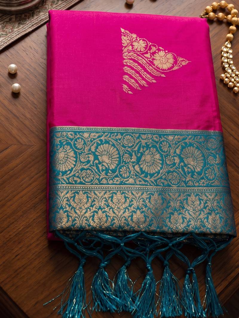 rani pink soft silk blend saree | woven zari border ethnic party wear for women
