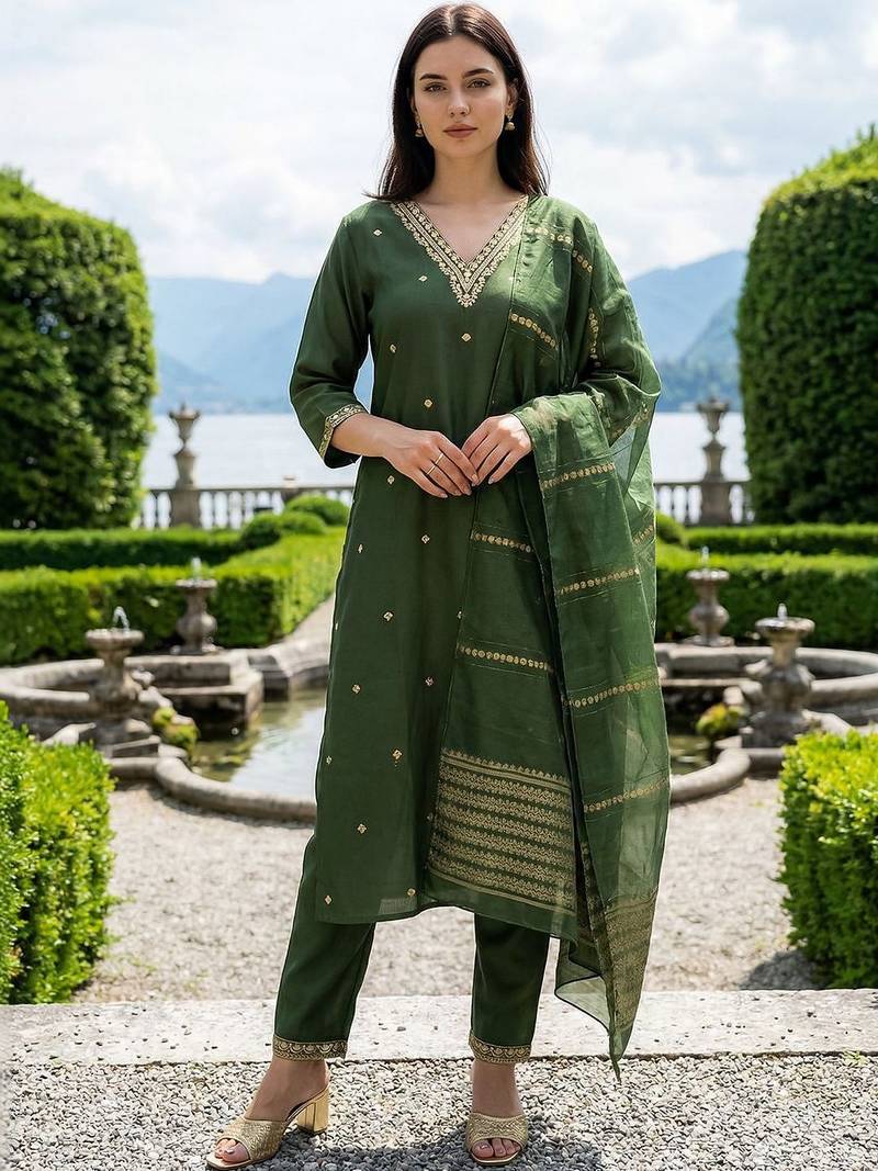 Women Ethnic Motifs Embroidered Regular Thread Work Kurta with Trousers & With Dupatta