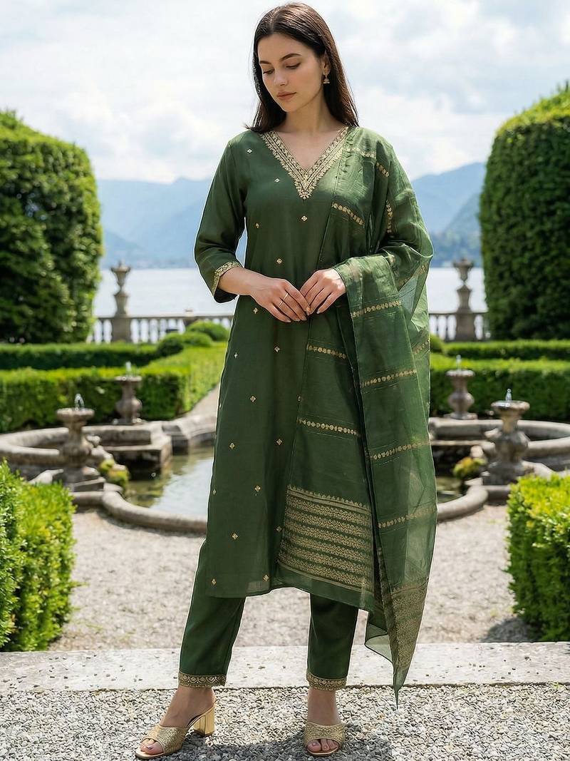 Women Ethnic Motifs Embroidered Regular Thread Work Kurta with Trousers & With Dupatta