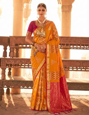 orange soft silk blend saree with pink border | haldi & festive wear for women 1