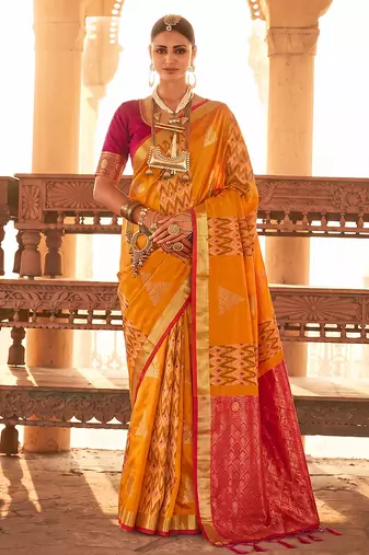 orange soft silk blend saree with pink border | haldi & festive wear for women