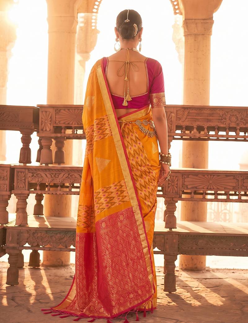 orange soft silk blend saree with pink border | haldi & festive wear for women