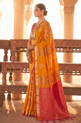 orange soft silk blend saree with pink border | haldi & festive wear for women