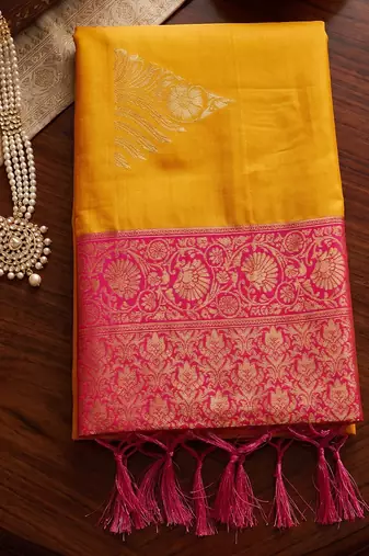 orange soft silk blend saree with pink border | haldi & festive wear for women