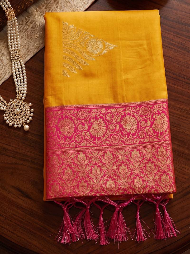orange soft silk blend saree with pink border | haldi & festive wear for women