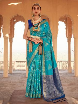 sky blue soft silk blend saree | navy contrast border traditional wear for women 1
