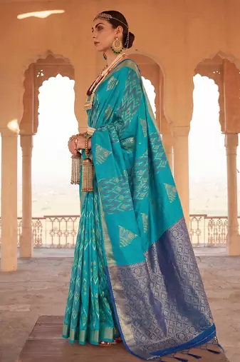 sky blue soft silk blend saree | navy contrast border traditional wear for women