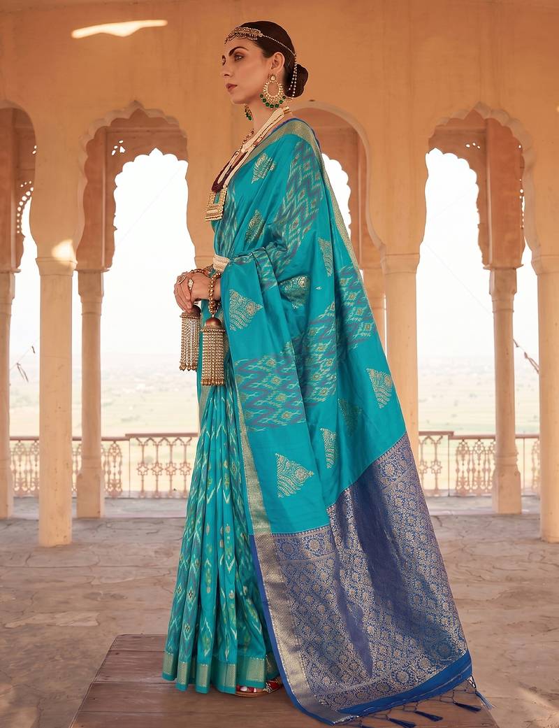 sky blue soft silk blend saree | navy contrast border traditional wear for women