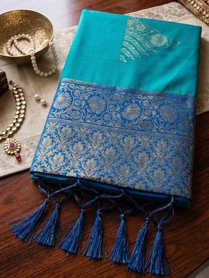 sky blue soft silk blend saree | navy contrast border traditional wear for women 4
