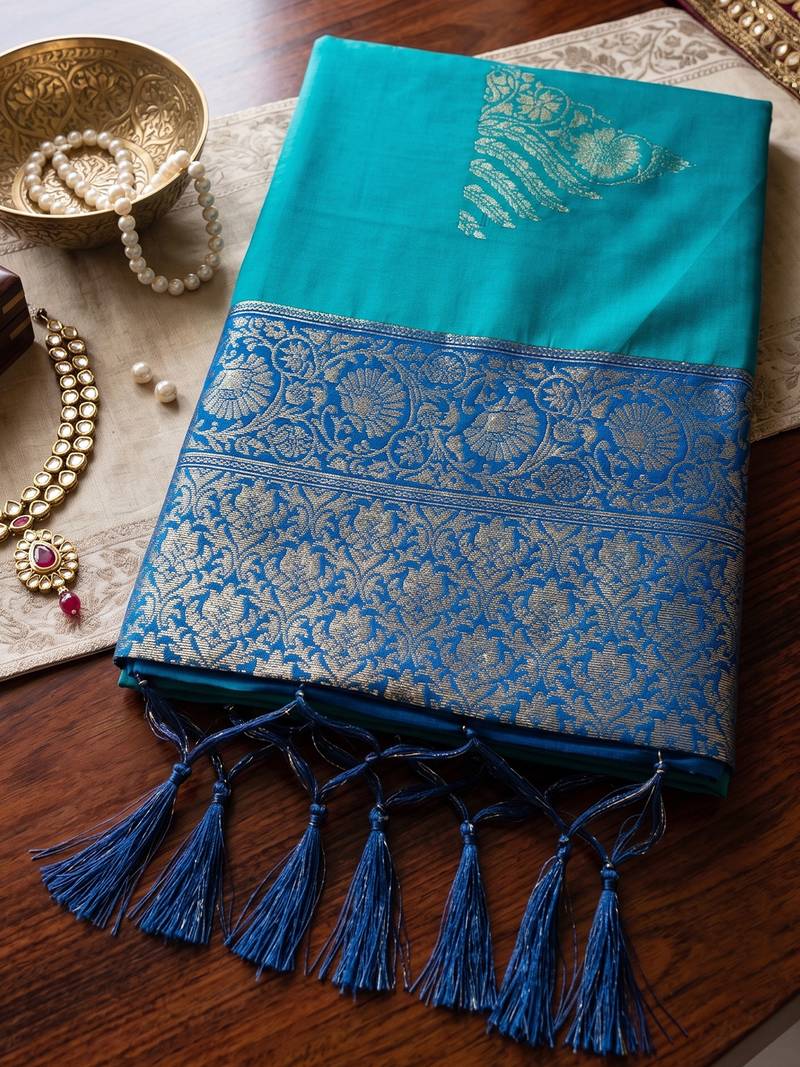 sky blue soft silk blend saree | navy contrast border traditional wear for women