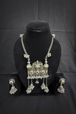Traditional Oxidised Silver Temple Necklace Set with Jhumka Earrings, Navratri Jewelry Set for Women 1