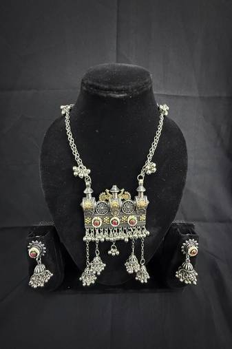 Traditional Oxidised Silver Temple Necklace Set with Jhumka Earrings, Navratri Jewelry Set for Women