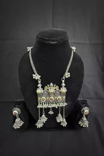 Traditional Oxidised Silver Temple Necklace Set with Jhumka Earrings, Navratri Jewelry Set for Women
