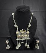 Traditional Oxidised Silver Temple Necklace Set with Jhumka Earrings, Navratri Jewelry Set for Women