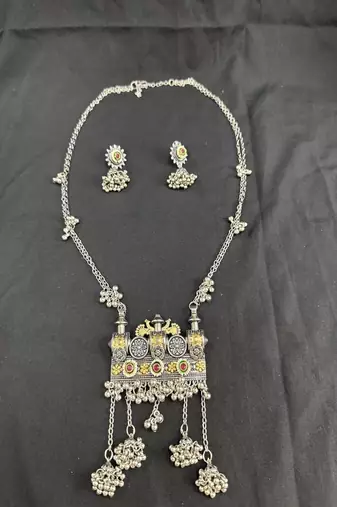 Traditional Oxidised Silver Temple Necklace Set with Jhumka Earrings, Navratri Jewelry Set for Women