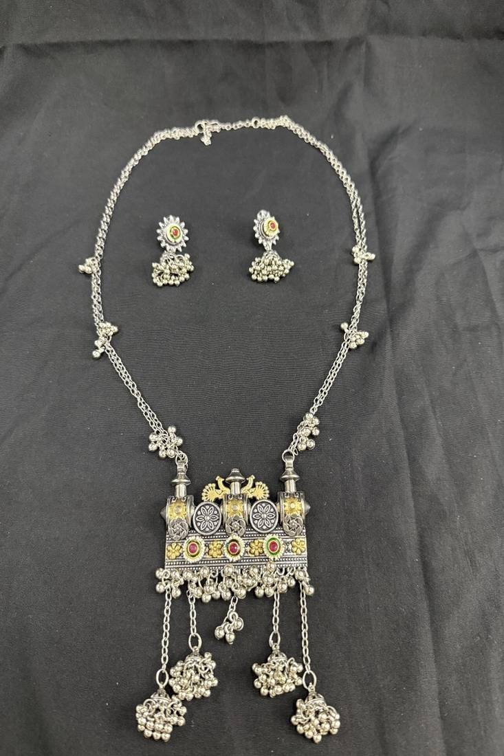 Traditional Oxidised Silver Temple Necklace Set with Jhumka Earrings, Navratri Jewelry Set for Women