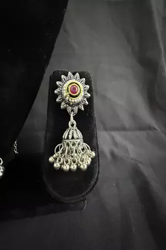 Traditional Oxidised Silver Temple Necklace Set with Jhumka Earrings, Navratri Jewelry Set for Women