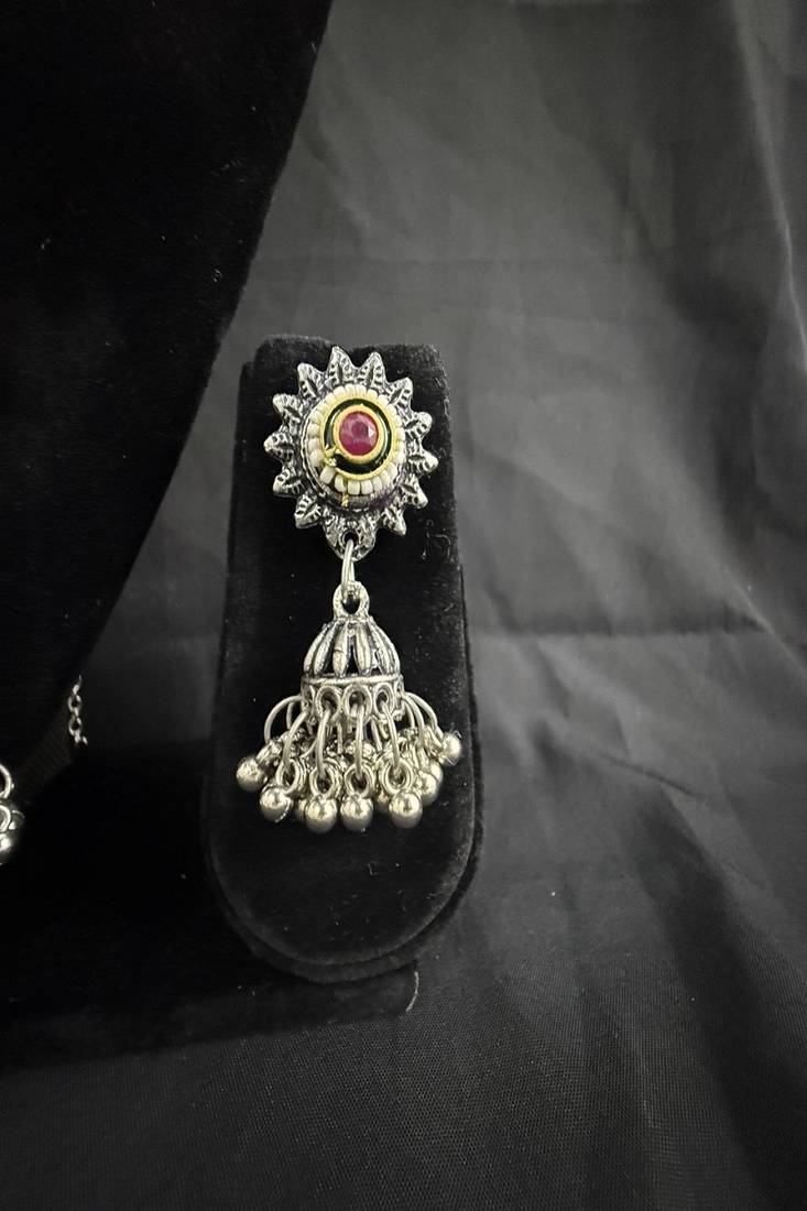 Traditional Oxidised Silver Temple Necklace Set with Jhumka Earrings, Navratri Jewelry Set for Women