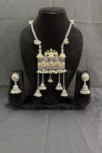 Traditional Oxidised Silver Temple Necklace Set with Jhumka Earrings, Navratri Jewelry Set for Women