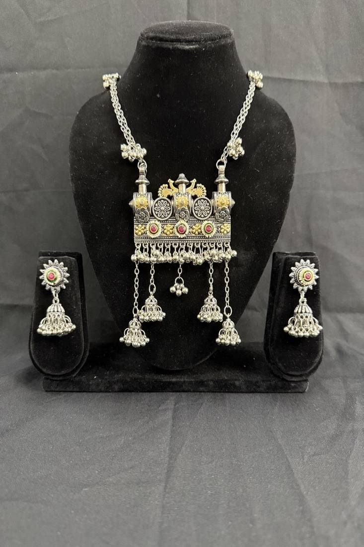 Traditional Oxidised Silver Temple Necklace Set with Jhumka Earrings, Navratri Jewelry Set for Women