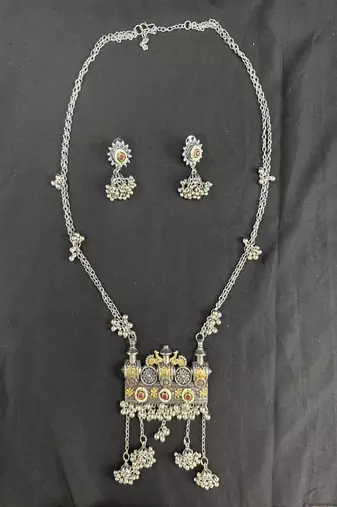 Traditional Oxidised Silver Temple Necklace Set with Jhumka Earrings, Navratri Jewelry Set for Women