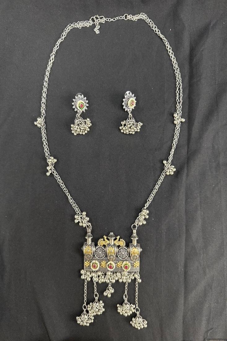 Traditional Oxidised Silver Temple Necklace Set with Jhumka Earrings, Navratri Jewelry Set for Women