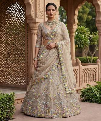 cream color Embroidery Sequins Work With Cancan Net Lehenga Choli Set 1