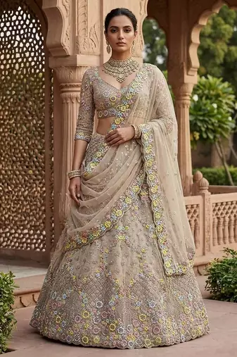 cream color Embroidery Sequins Work With Cancan Net Lehenga Choli Set