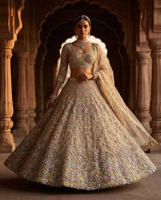 cream color Embroidery Sequins Work With Cancan Net Lehenga Choli Set 2