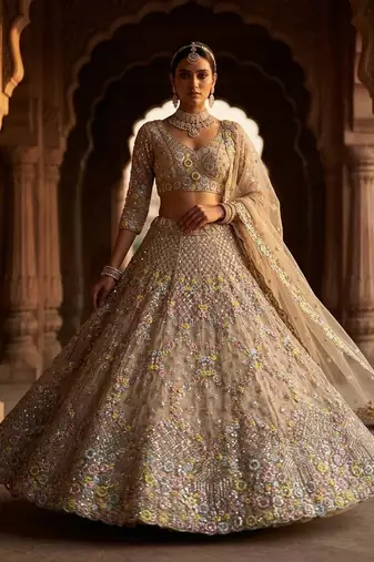 cream color Embroidery Sequins Work With Cancan Net Lehenga Choli Set