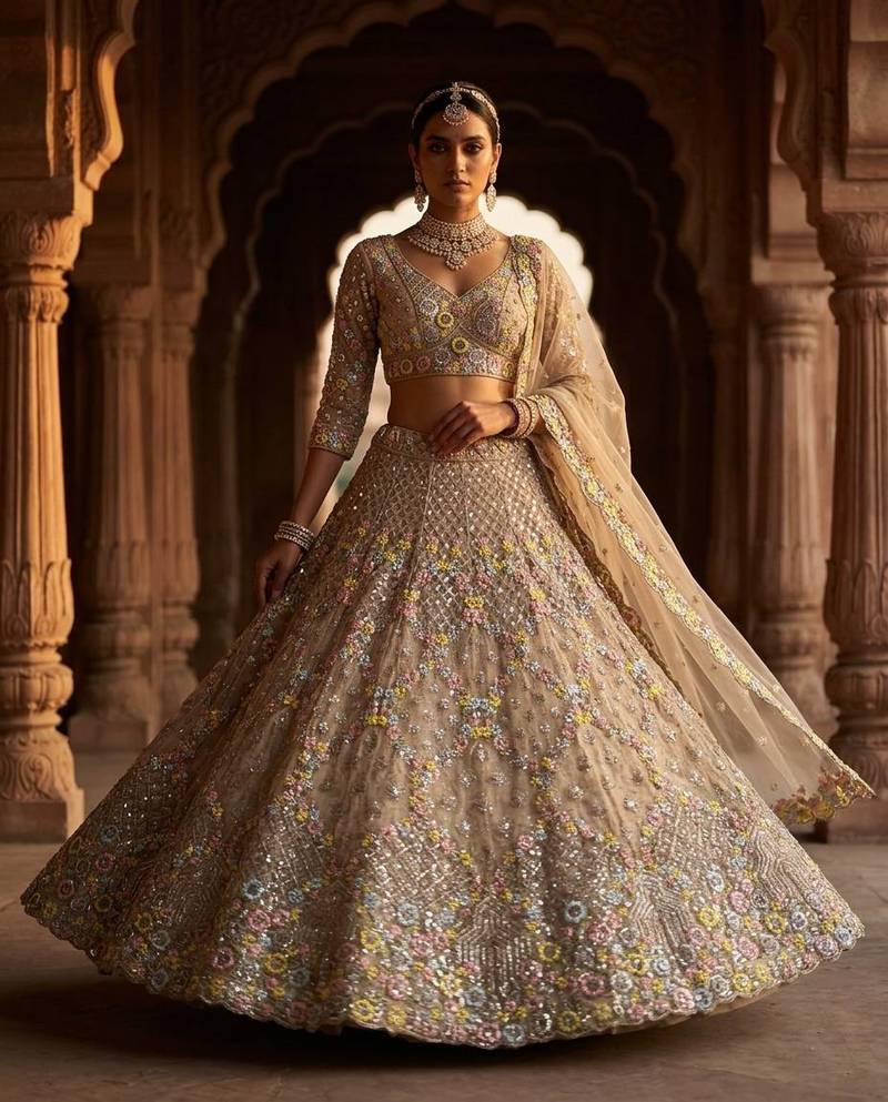 cream color Embroidery Sequins Work With Cancan Net Lehenga Choli Set