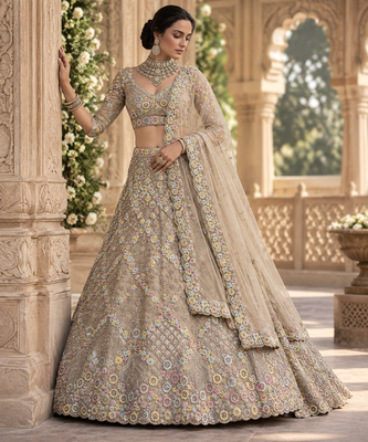 cream color Embroidery Sequins Work With Cancan Net Lehenga Choli Set 2