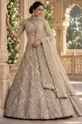 cream color Embroidery Sequins Work With Cancan Net Lehenga Choli Set