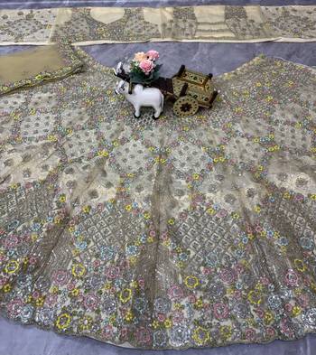 cream color Embroidery Sequins Work With Cancan Net Lehenga Choli Set 3