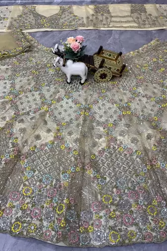 cream color Embroidery Sequins Work With Cancan Net Lehenga Choli Set