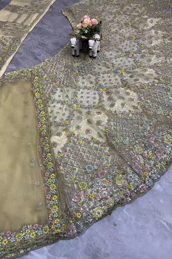 cream color Embroidery Sequins Work With Cancan Net Lehenga Choli Set