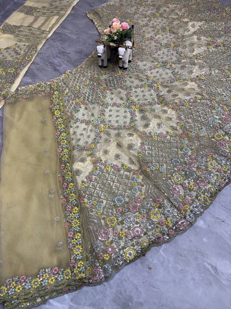 cream color Embroidery Sequins Work With Cancan Net Lehenga Choli Set