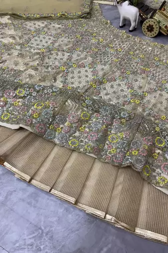 cream color Embroidery Sequins Work With Cancan Net Lehenga Choli Set