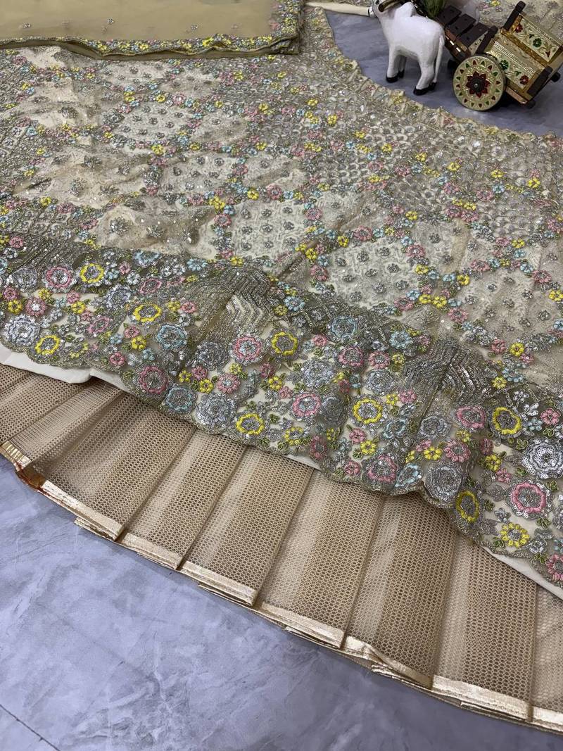 cream color Embroidery Sequins Work With Cancan Net Lehenga Choli Set