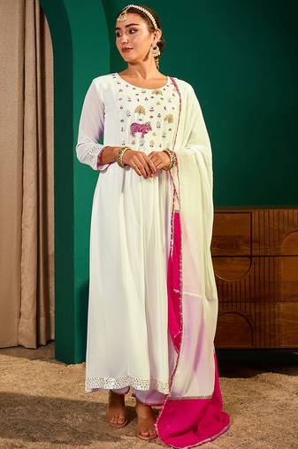 Women's Beautiful Embroidery Work Georgette Fabric Flared Kurta Pant and Dupatta Set