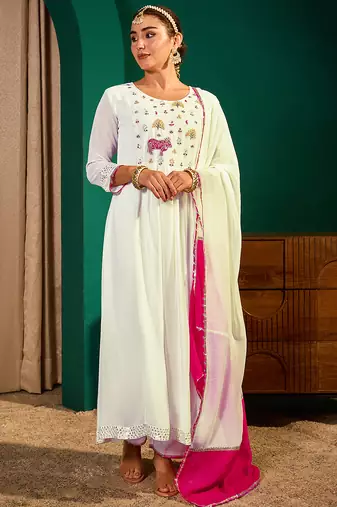 Women's Beautiful Embroidery Work Georgette Fabric Flared Kurta Pant and Dupatta Set
