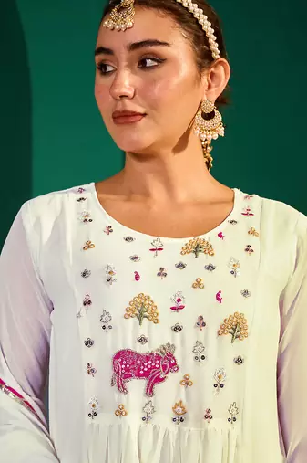Women's Beautiful Embroidery Work Georgette Fabric Flared Kurta Pant and Dupatta Set
