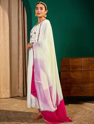 Women's Beautiful Embroidery Work Georgette Fabric Flared Kurta Pant and Dupatta Set 3