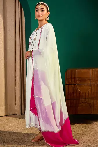 Women's Beautiful Embroidery Work Georgette Fabric Flared Kurta Pant and Dupatta Set