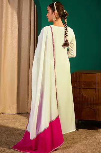 Women's Beautiful Embroidery Work Georgette Fabric Flared Kurta Pant and Dupatta Set