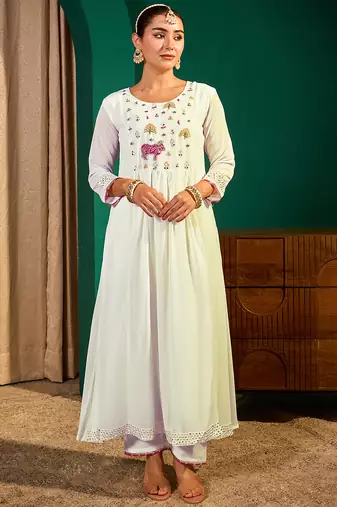 Women's Beautiful Embroidery Work Georgette Fabric Flared Kurta Pant and Dupatta Set