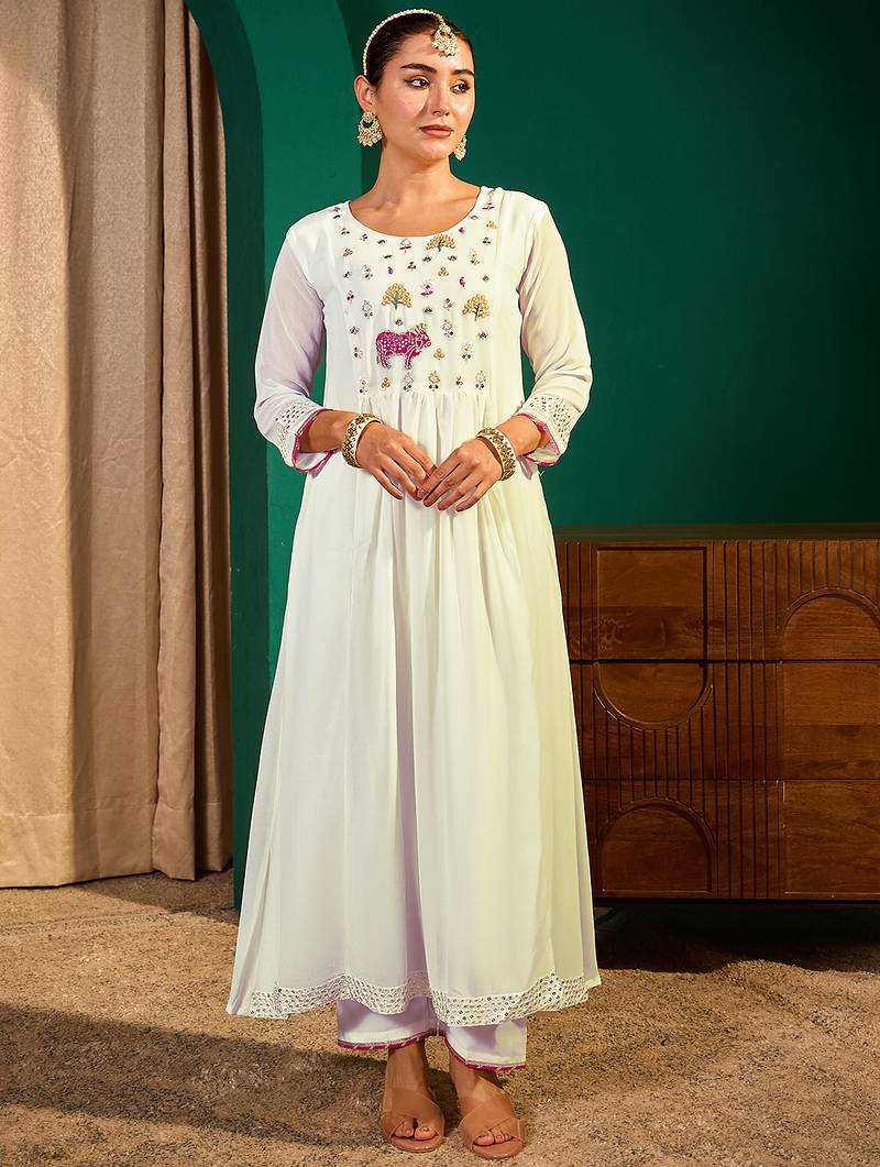 Women's Beautiful Embroidery Work Georgette Fabric Flared Kurta Pant and Dupatta Set