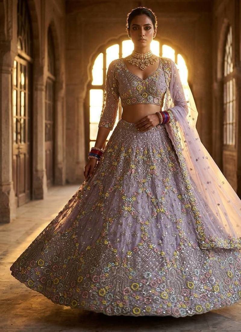lavender Embroidery Sequins With Cancan Net Lehenga Choli Set