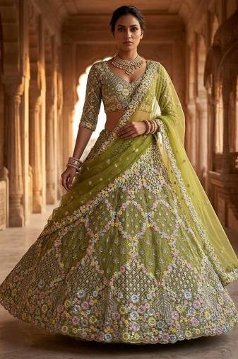 olive green Embroidery Sequins With Cancan Net Lehenga Choli Set