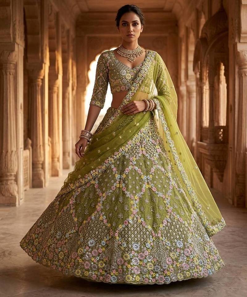 olive green Embroidery Sequins With Cancan Net Lehenga Choli Set